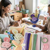 Kit de mini-bouquet élégant Duo : Créez une rose géante et un anthurium avec des tiges en chenille, 5 combinaisons de couleurs pastel douces