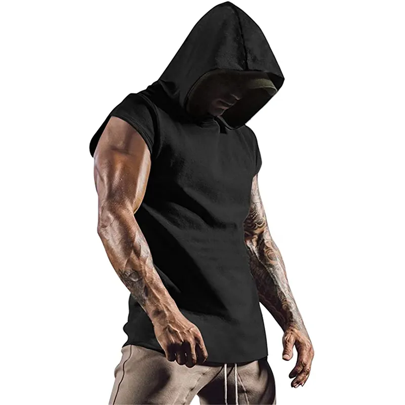 Good Quality Men's Workout Sportswear Hooded Tank Tops Bodybuilding Muscle Cut Off T Shirt Sleeveless Gym Hoodies
