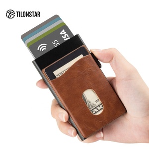 TILONSTAR TVC305 Wholesale Pop up RFID Blocking Aluminium Men Credit <b>Card</b> <b>Holder</b> With Leather Money Pocket - Product Image 4