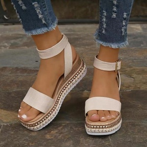 2024 nouveau Design de mode populaire <span class=keywords><strong>corde</strong></span> de chanvre semelle épaisse bout rond bride à la cheville talon compensé femmes sandales - Product Image 5