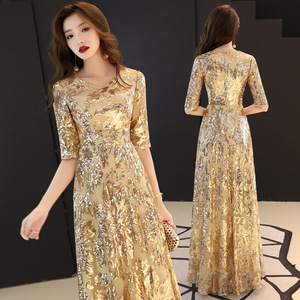 Robe de soirée de luxe en sequins dorés pour femme, élégante, col en <span class=keywords><strong>V</strong></span>, manches mi-longues, coupe trapèze, motif floral, robe de bal - Product Image 1