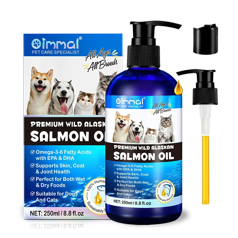 ओम 250 मिलीलीटर प्राकृतिक तरल ओमेगा 3 पालतू सैल्मन मछली तेल थोक मानव ग्रेड शुद्ध जंगली एल्सकन सैल्मन तेल कुत्तों और बिल्लियों के लिए