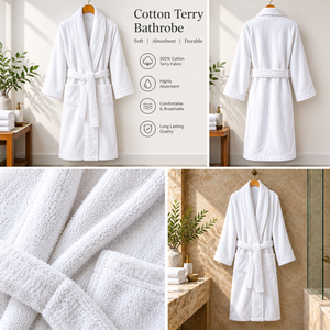 Peignoir en coton éponge blanc doux et respirant avec ceinture et poches pour hommes et femmes - Product Image 2