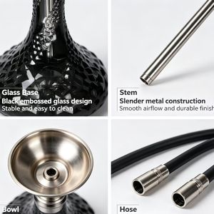 Moderno Set de Hookah de Acero Inoxidable con Base de Vidrio Negro, Manguera y Cazoleta para Fumar Shisha - Product Image 1