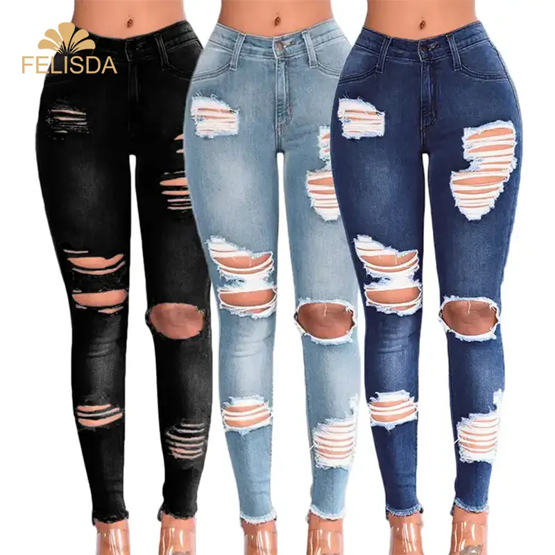 Hot Rasgado Calças Jeans Y2K Stretch Skinny Hole Denim Calças Lápis Casual Cintura Alta Fino Feminino Afligido Calças Jeans Mulheres