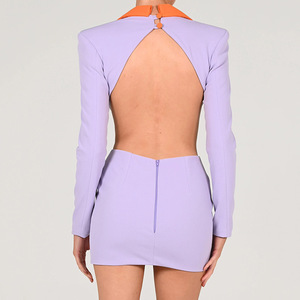 Robe décontractée pour femme à col contrastant, dos nu, taille ajustée, jupe courte, manches longues, sexy, color block, pour soirée - Product Image 2