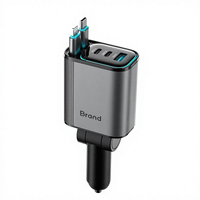 Chargeur de voiture multi-ports rapide 99W, câble rétractable 5 ports 80cm, charge rapide PD PPS 45W avec anneau lumineux doux