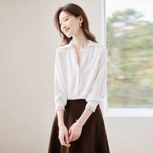 Purple V-Neck Blouse With Lace Trim Chiffon Shirt For Women Spring Summer Fashion Vintage Style Everyday Wear - Product Image 3