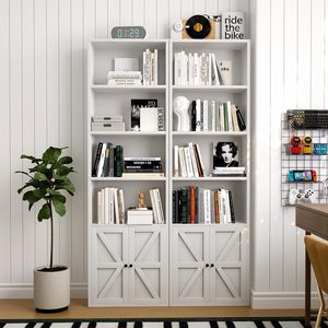 Estanterías de madera blancas de 6 niveles con puertas de armario, estanterías de <span class=keywords><strong>suelo</strong></span> y armarios de almacenamiento de oficina para oficina en casa, sala de estar - Product Image 5
