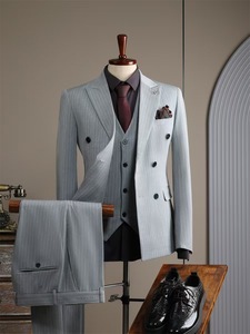 Traje de talla grande de estilo italiano/británico a rayas de doble botón a la moda <span class=keywords><strong>para</strong></span> <span class=keywords><strong>hombre</strong></span>, traje de <span class=keywords><strong>boda</strong></span> informal, traje de novio, adelgazamiento Formal - Product Image 3