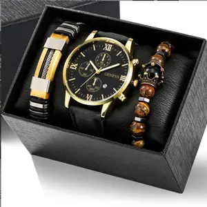 3pcs /Set 6002 Men's Casual Quartz Watch Men Leather Belt Watch And Beaded Bracelet Steel Bracelet Date