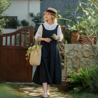 Robe Salopette Midi Noire Sans Manches pour Femme, Style Vintage Cottagecore Bohème, Décontractée d'Été, Style Ferme