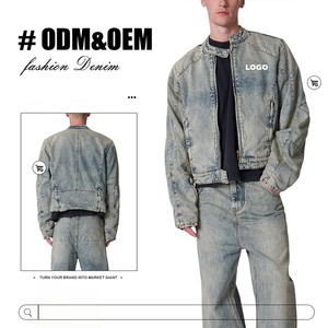 Veste en jean vintage délavée sur mesure pour homme, style hip-hop décontracté avec fermeture éclair, coupe ample, style streetwear - Product Image 1