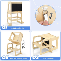 Tabouret de cuisine pliable 4 en 1 pour tout-petits Tour d'apprentissage Tour debout Table et chaise pliantes en bois pour enfants
