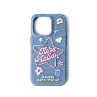 Étui de protection pour téléphone Zenos Ins Style fait main, série iPhone 14, design en jean brodé avec des étoiles et des cœurs, en cuir, tout inclus