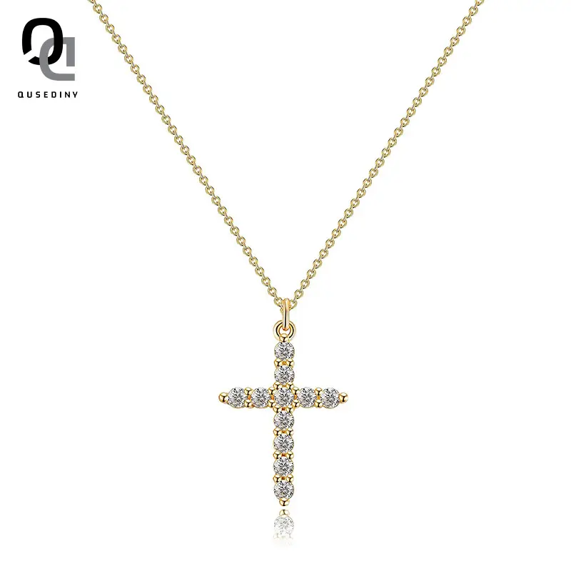 QUSEDINY Fashion Religious Small Womens Stainless Steel 18K Silver Gold Plated Cubic Zircon Cross Pendant Choker Necklace