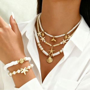 European and American cross-border Bohemian style starfish tail beaded necklace and <b>bracelet</b> <b>set</b>, fashionable imitation pearl - Product Image 1