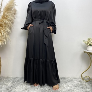 6531# Solid Color Elastic Cuff Pleated Bottoms Thin Satin Casual Elegant With Pockets <b>Summer</b> Women Popular Dress - Product Image 4