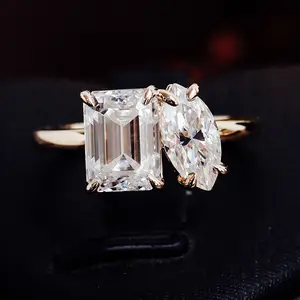 Ho Bán Hai Đá Vòng Ngọc Marquise Cắt 14K Vàng Vàng Moissanite Kim Cương Nhẫn Prong Thiết Lập Nhẫn Cho Phụ Nữ