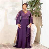 Robe de soirée élégante et amincissante pour femme grande taille, en mousseline de soie, avec patchwork de sequins, longue, à manches longues, col en V et taille haute