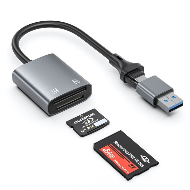 2-in-1 Aluminum Alloy Shell USB Card Reader XD MS Memory Card Compatible for External Older CCD Cameras ATM Computers Laptops