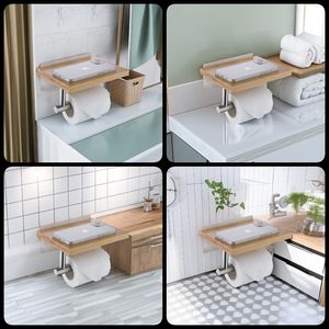 <span class=keywords><strong>Porte</strong></span>-<span class=keywords><strong>papier</strong></span> <span class=keywords><strong>toilette</strong></span> mural auto-adhésif 3M en bambou <span class=keywords><strong>naturel</strong></span> et acier inoxydable CF Modern Eco-Friendly, grande étagère pour salle de bain - Product Image 5