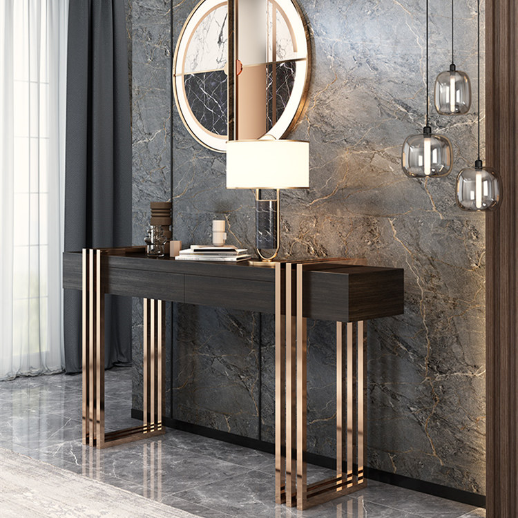 Luxe Metalen Art Designer Hotelhal Roestvrijstalen Entree Woonkamer Hoek Houten Console Tafel Met Spiegel