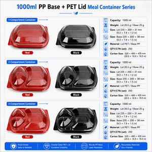 กล่องอาหารแบบใช้แล้วทิ้ง 3 ช่อง ผลิตจาก PP ปลอดสาร BPA พร้อมฝา PET สีแดงดำ สำหรับใส่อาหารกลับบ้าน - Product Image 5