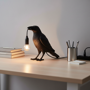 Lampe de chevet/de table en résine peinte à la main, sculpture d'oiseau porte-bonheur, veilleuse pour chambre à coucher, salon, décoration de la maison, ampoule - Product Image 3