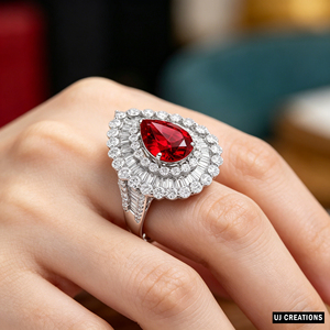 Bague de cocktail pour femme plaquée or 18 carats, sertie de rubis taille poire, bijou de luxe et de caractère - Product Image 2