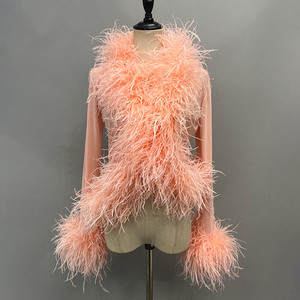 Conjunto de Dos Piezas, Chaqueta de Plumas de Avestruz Transparente y Sexy, Pantalones Cortos de Malla Esponjosa para Fiesta de Verano, Cárdigan de Plumas para Mujer - Product Image 3