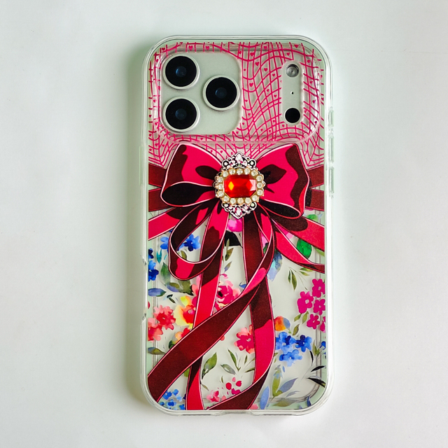 Fashion Cute 3D Bow Rhinestone Phone Case for Samsung Galaxy A17 Floral Print Transparent Shockproof Cover