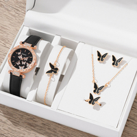 Ensemble de bijoux populaire pour femme : montre, collier et bracelet en cuir avec motif papillon