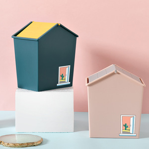 Nordic Cute House Lid Storage Bucket Swing Lid Desktop Trash Can European Style Home Design Indoor Use Rectangular Dark Blue - Product Image 2