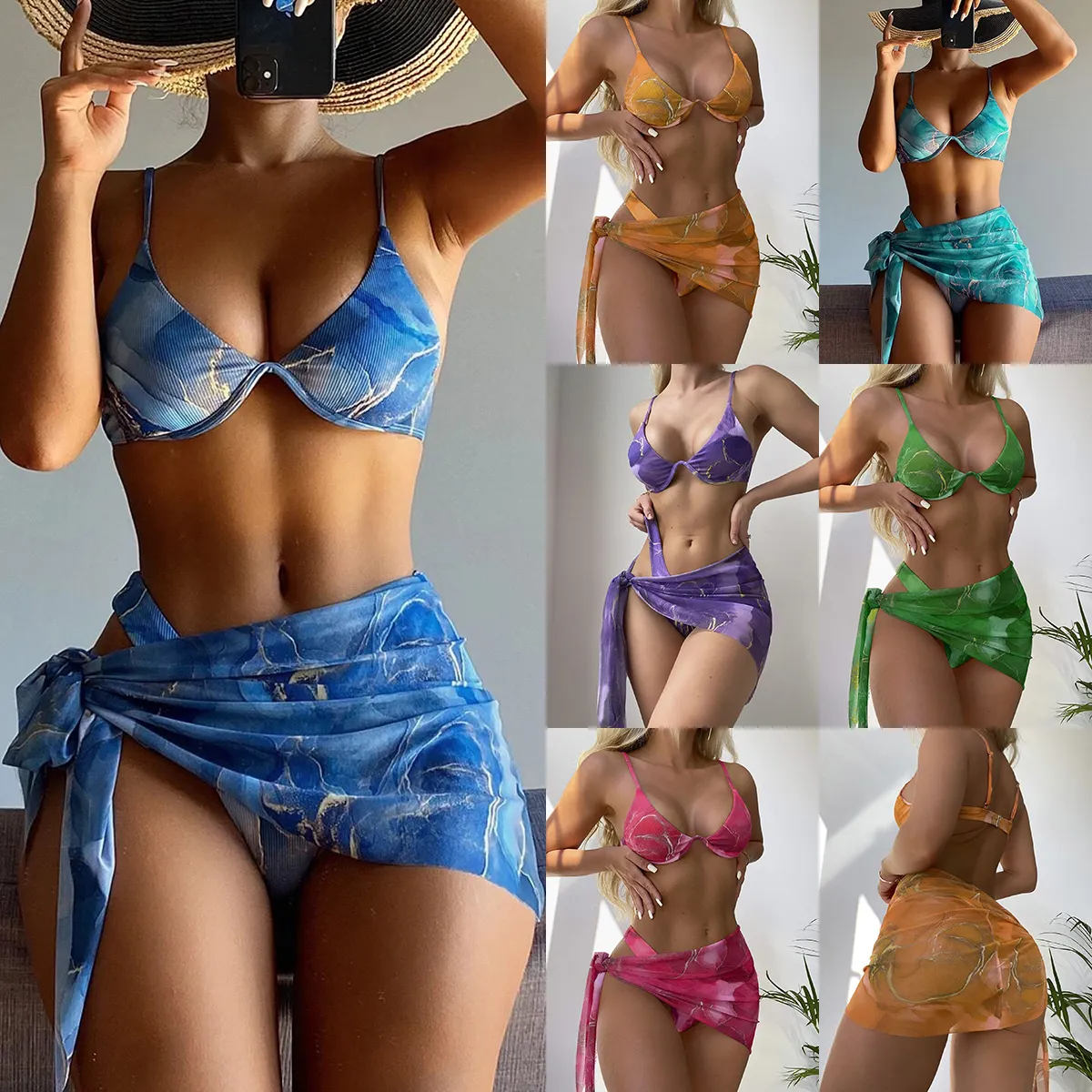 2023 Lady Split Traje de baño de tres piezas Impreso Ins Pit Tie-Dyed Bikini con Sarong Beach Cover Up Bikini Set