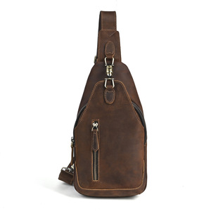 Sac de poitrine vintage en cuir Crazy Horse pour homme, marron foncé, multi-zips, durable, usage quotidien - Product Image 5