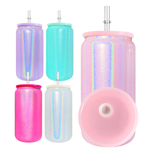 Listo para enviar Rainbow Glitter Blank Sublimation Glass Can <span class=keywords><strong>Soda</strong></span> Pop Beer Iced Coffee 16oz Shimmer Glitter Glass Can con tapa de PP - Product Image 3