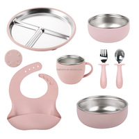 Ensemble de repas pour enfants en silicone sans BPA et acier inoxydable, 7 pièces, assiette, bol, cuillère, fourchette à ventouse puissante pour tout-petits