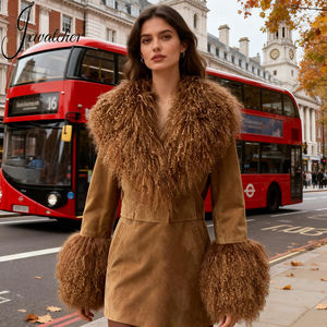 Cappotto da <span class=keywords><strong>Donna</strong></span> Morbido a Maniche Lunghe in Vera Pelle di Pecora con Collo in Pelliccia di Agnello Autunno Inverno con Logo Personalizzato OEM Giacca Corta in Vera Pelle Scamosciata - Product Image 5