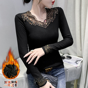 Nuova Maglietta Termica con Scollo a V e Strass, Maniche Lunghe, Top Versatile Aderente da <span class=keywords><strong>Donna</strong></span>, Foderata in Pile - Product Image 3