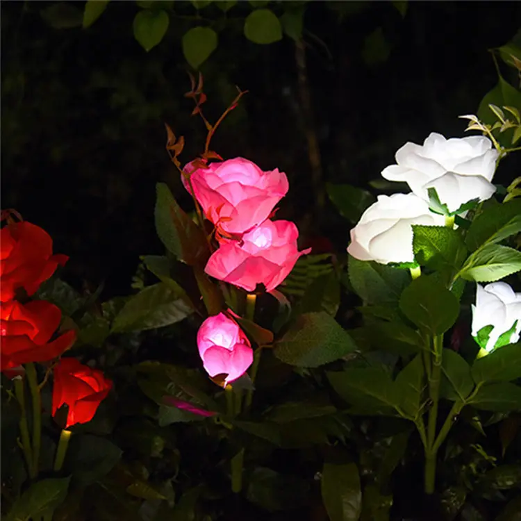 Christmas Valentine's Day Outdoor Landscape Decoration Waterproof RGB Color LED Solar Garden Lights Rose Flowers