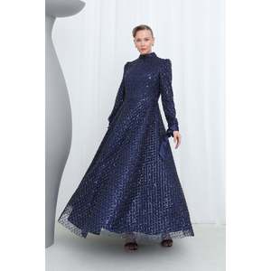 Robe de soirée Puane pour femme, bleu marine, en maille à sequins brodée, coupe trapèze, manches longues avec poignets en satin, robe de cérémonie pour mariages et bals de promo - Product Image 1