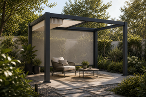 ศาลาพักผ่อนแบบติดผนัง รุ่น RK-E2 ซีรีส์ E ของ Relax Courtyard หลังคาเปิด-ปิดได้ ทำจากอะลูมิเนียม พร้อมฉากกั้นเพิ่มความเป็นส่วนตัว แสงสว่างรอบข้าง เหมาะสำหรับสวนพักผ่อน - Product Image 3