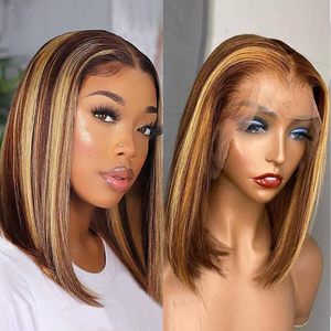 Perruque Bob Courte Lisse Ombré Blond Miel avec Mèches 4/27, Cheveux Humains, Perruque Lace Front 13x4, 100% Cheveux Humains Pré-Pluckée, 14 Pouces - Product Image 6