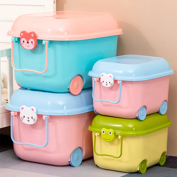 High Quality Cute Cartoon Large Capacity Plastic Toy Storage Box with Lid and Pulleys for Kids