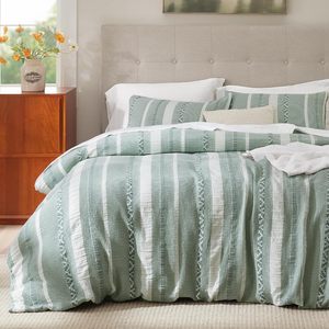 100% Cotton Waffle Weave 3 - Piece Duvet Cover Set <strong>Green</strong> and White <strong>Stripes</strong> Durable Textured Cozy for Bedroom Modern Chic <strong>Bedding</strong> - Product Image 5