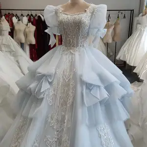 S8546F 2024热卖冰蓝色新娘主纱奢华带蕾丝装饰皇家波西米亚风格长尾婚纱