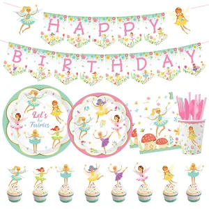 Nicro özel çiçek peri tema mutlu doğum günü partisi malzemeleri arka plan dekorasyon parti kağıt tek kullanımlık sofra seti