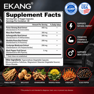 Cápsulas de Suplemento Dietético para Hombres con Ginseng y Raíz de Maca para Energía y Rendimiento, Hechas en EE. UU., Marca Privada - Product Image 2