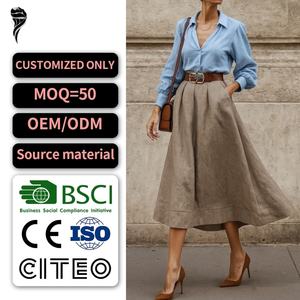 Nueva Falda Midi de Lino y Algodón de Alta Calidad, Cintura Alta, Corte en A, Casual, Elegante y Fluida para Mujer - Product Image 1